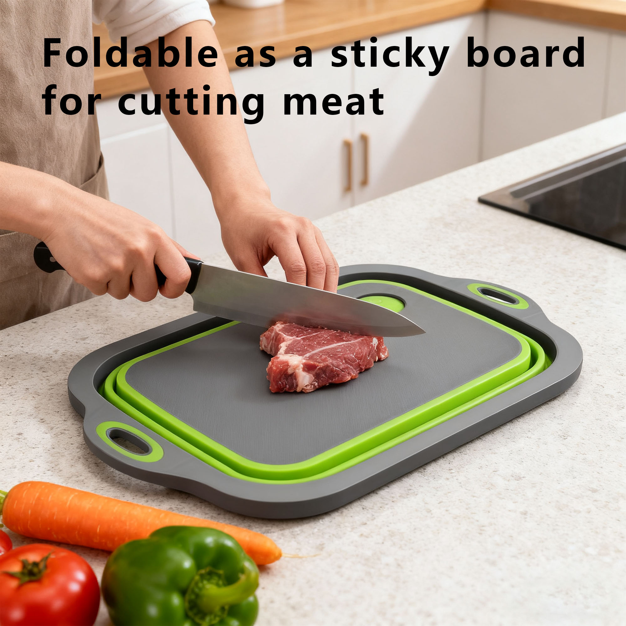 Foldable cutting board and colander - folds flat and stores away in seconds
