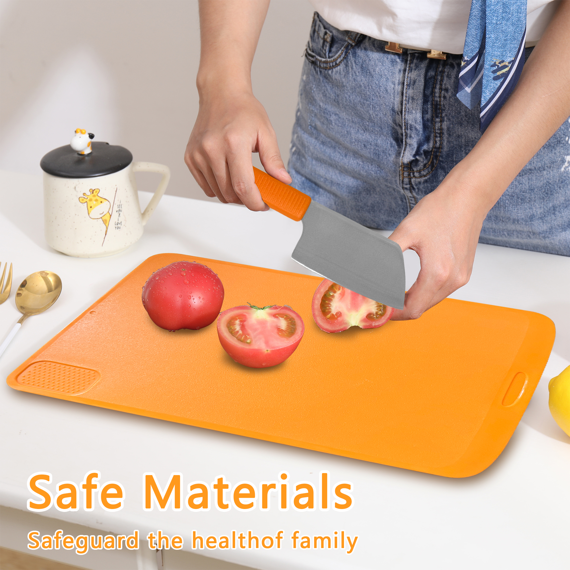 Folding cutting board and knife set in its storage case